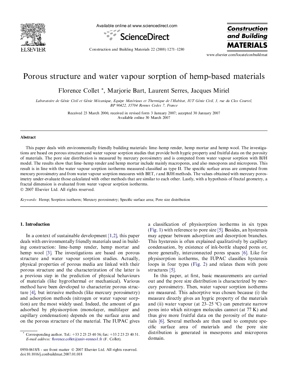 Porous structure and water vapour sorption of hemp-based materials