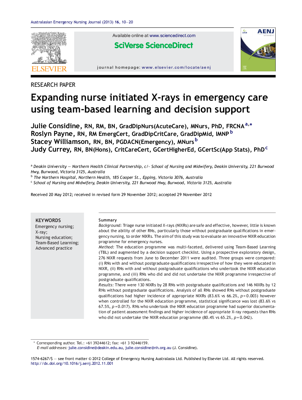 Expanding nurse initiated X-rays in emergency care using team-based learning and decision support