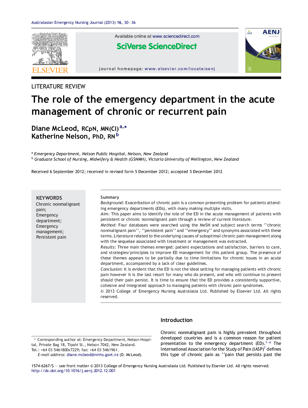 The role of the emergency department in the acute management of chronic or recurrent pain