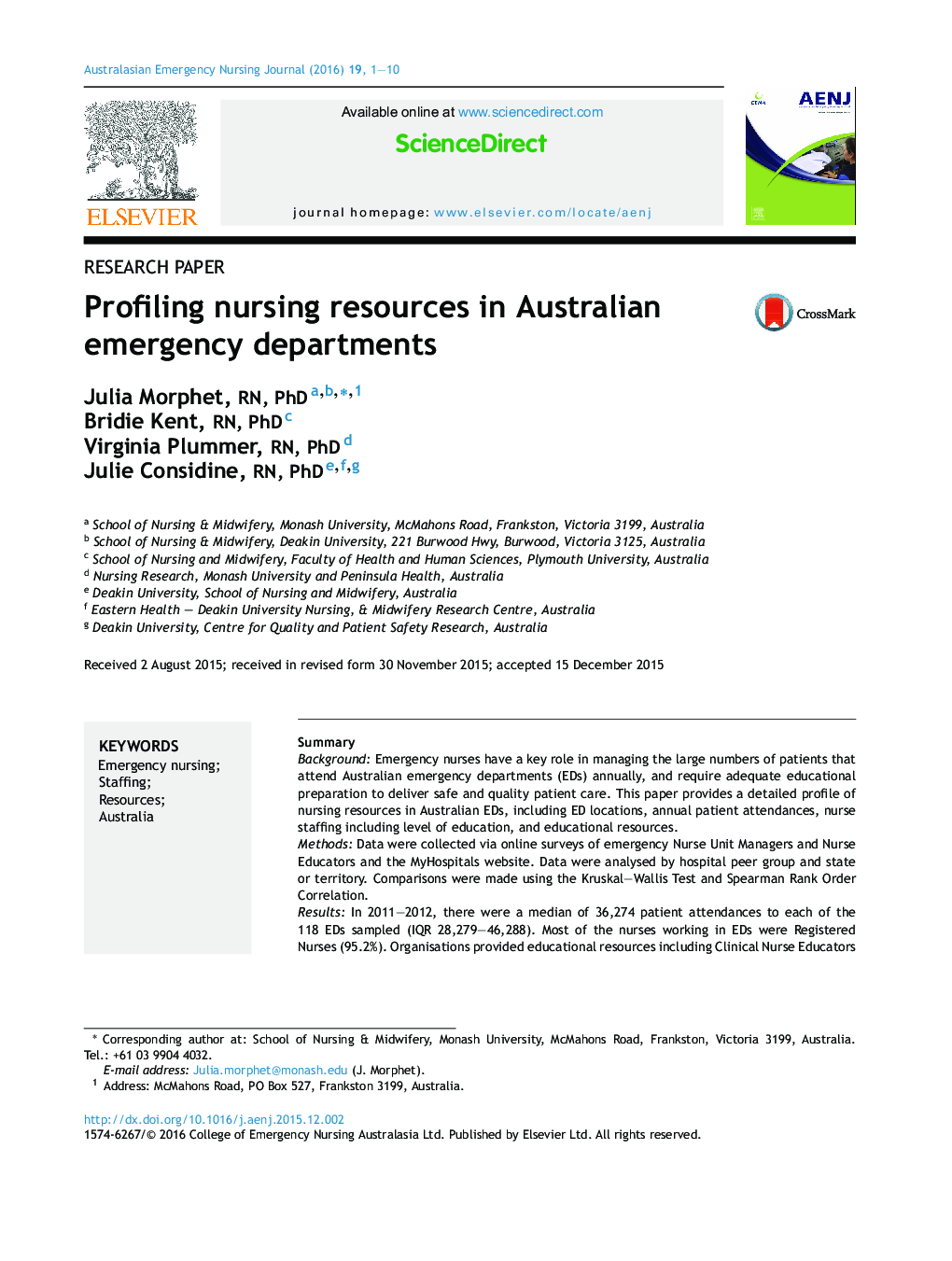 Profiling nursing resources in Australian emergency departments