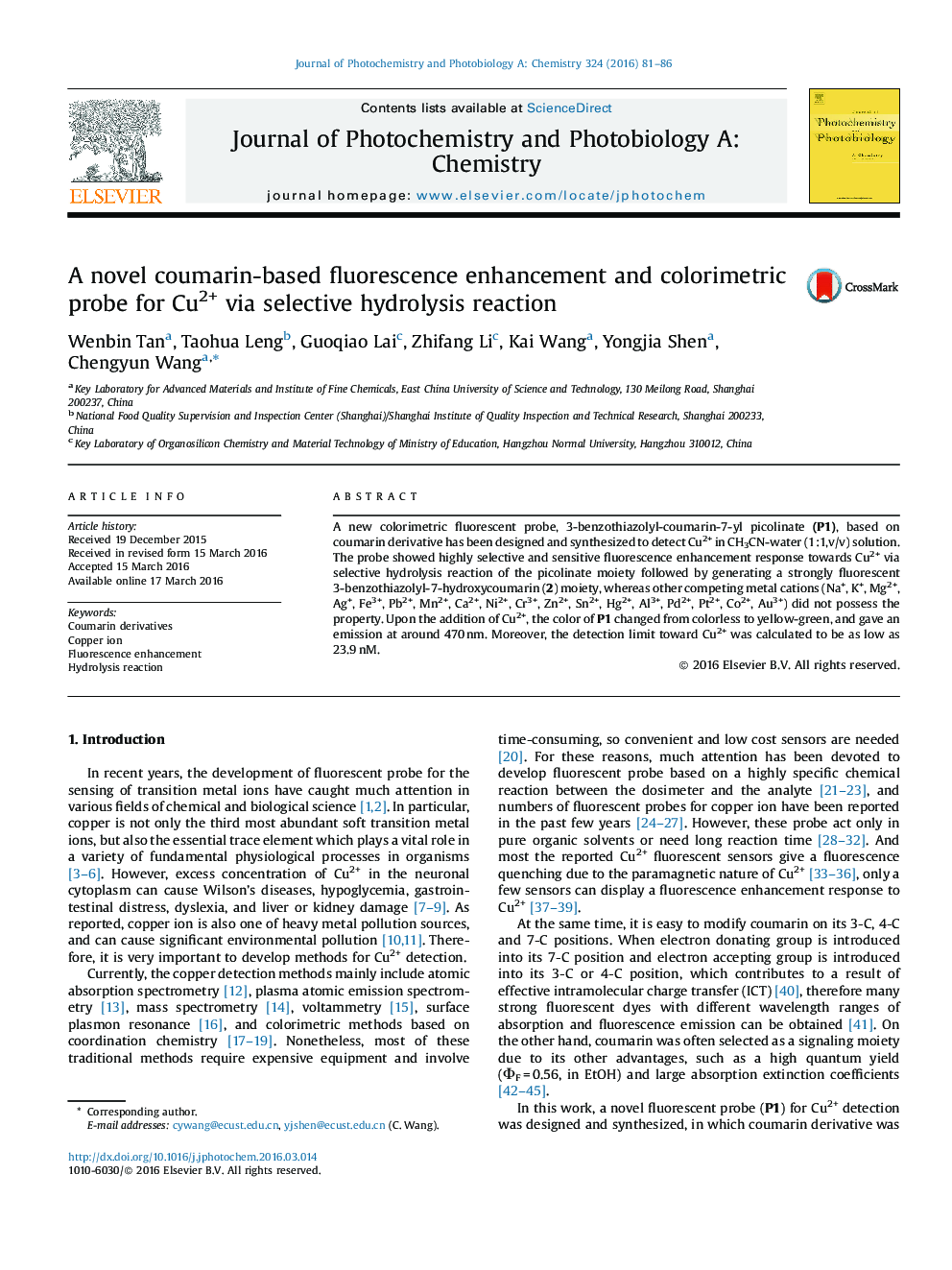 A novel coumarin-based fluorescence enhancement and colorimetric probe for Cu2+ via selective hydrolysis reaction