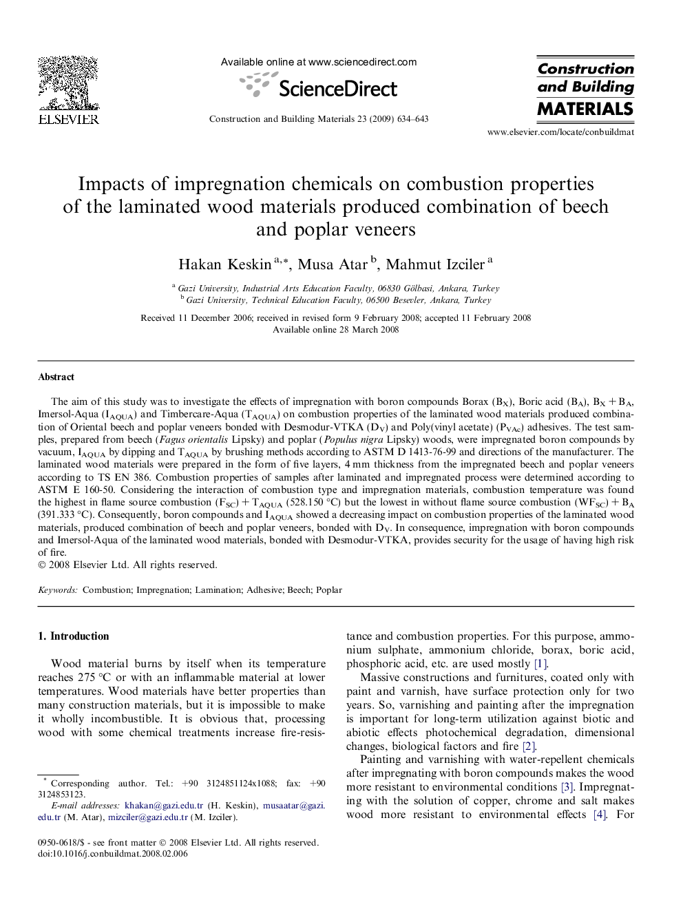 Impacts of impregnation chemicals on combustion properties of the laminated wood materials produced combination of beech and poplar veneers