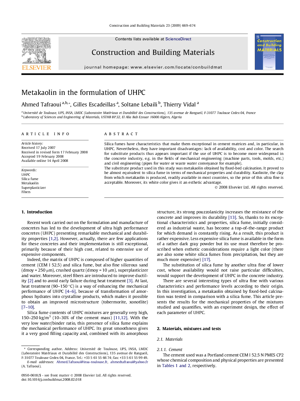 Metakaolin in the formulation of UHPC