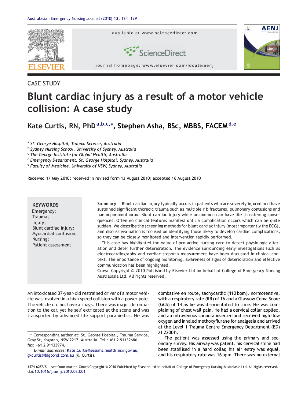 Blunt cardiac injury as a result of a motor vehicle collision: A case study