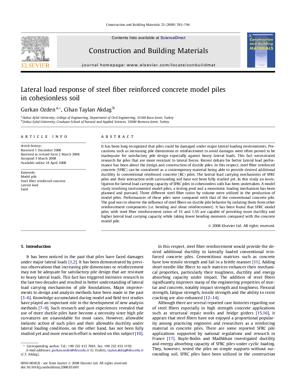 Lateral load response of steel fiber reinforced concrete model piles in cohesionless soil