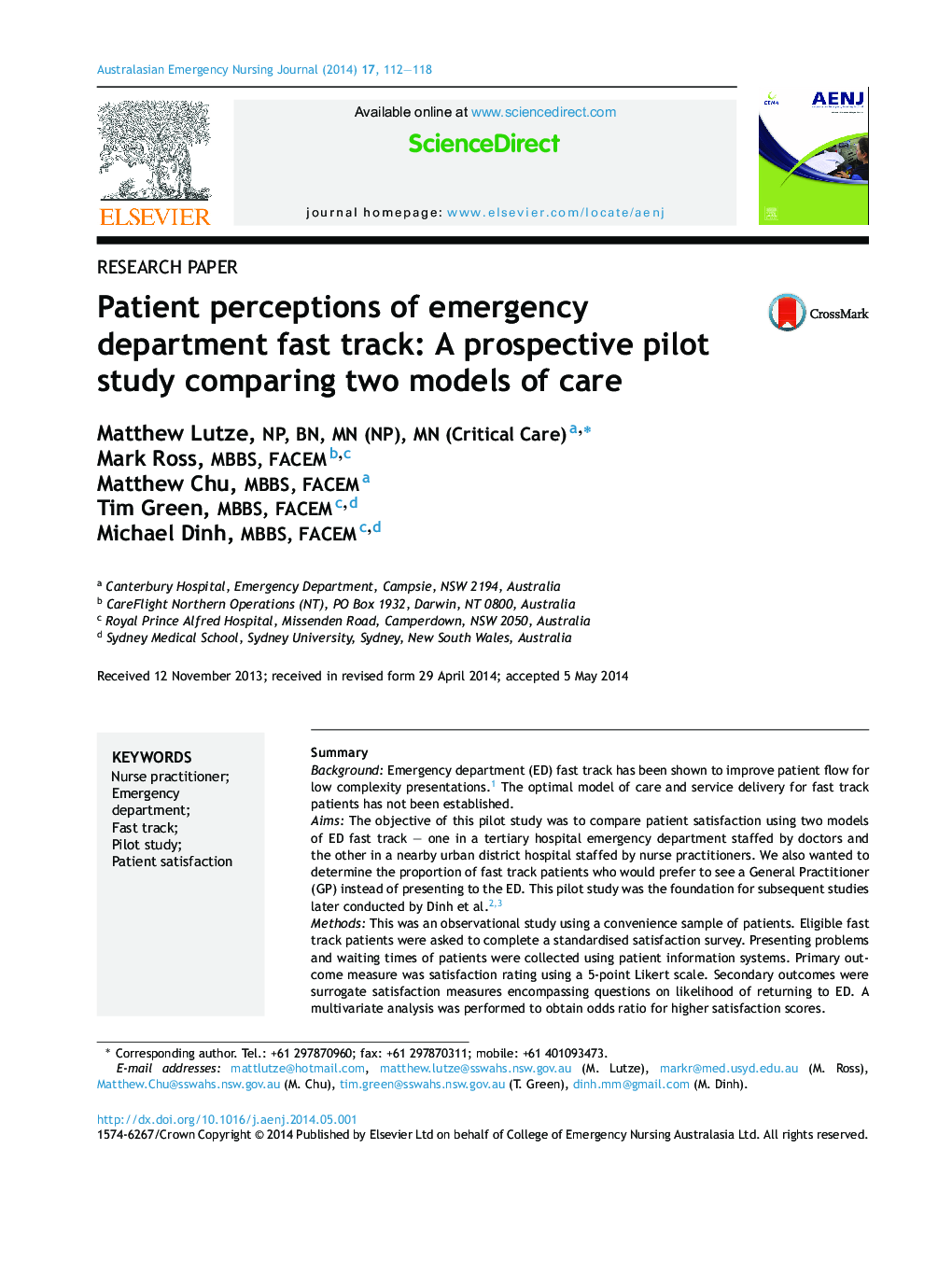 Patient perceptions of emergency department fast track: A prospective pilot study comparing two models of care