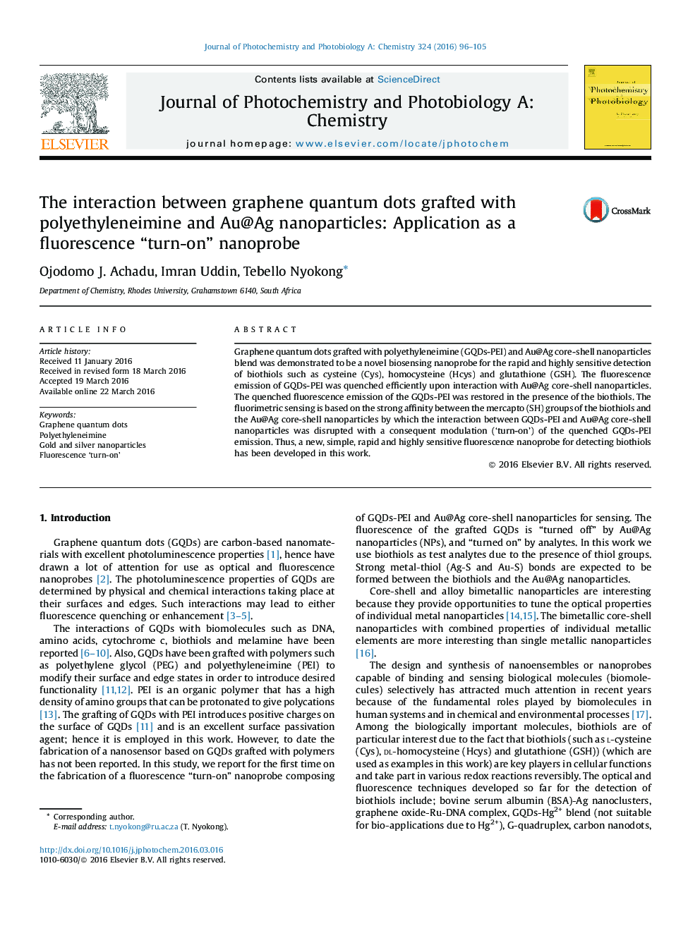 The interaction between graphene quantum dots grafted with polyethyleneimine and Au@Ag nanoparticles: Application as a fluorescence “turn-on” nanoprobe