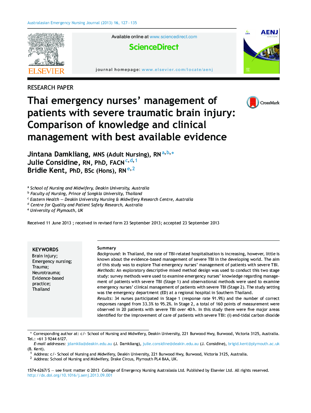 Thai emergency nurses’ management of patients with severe traumatic brain injury: Comparison of knowledge and clinical management with best available evidence