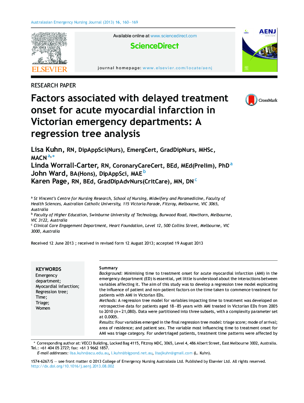 Factors associated with delayed treatment onset for acute myocardial infarction in Victorian emergency departments: A regression tree analysis