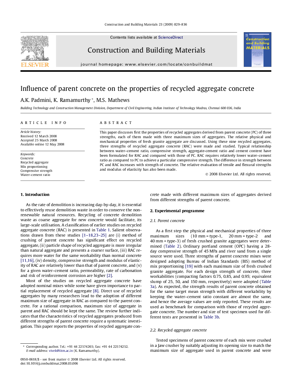 Influence of parent concrete on the properties of recycled aggregate concrete