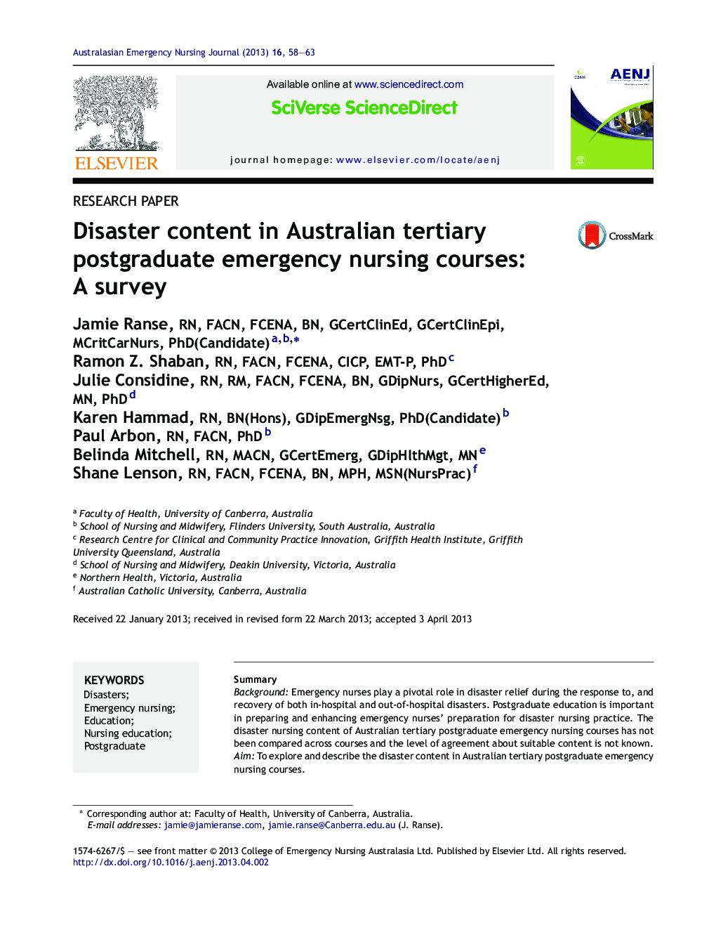 Disaster content in Australian tertiary postgraduate emergency nursing courses: A survey