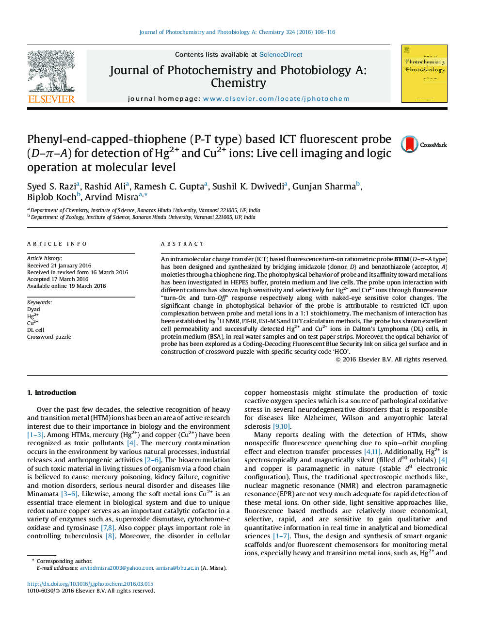 Phenyl-end-capped-thiophene (P-T type) based ICT fluorescent probe (D–π–A) for detection of Hg2+ and Cu2+ ions: Live cell imaging and logic operation at molecular level