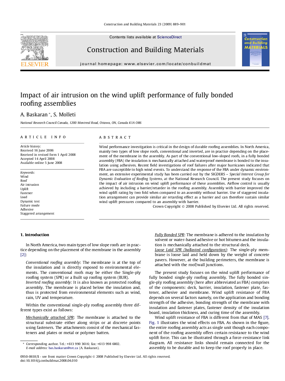 Impact of air intrusion on the wind uplift performance of fully bonded roofing assemblies