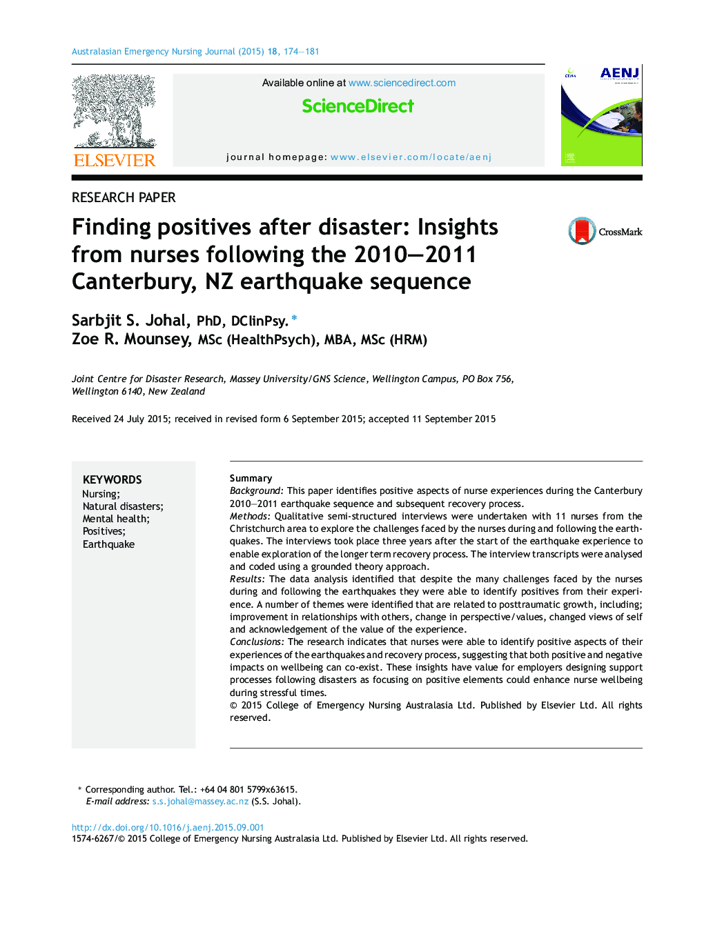 Finding positives after disaster: Insights from nurses following the 2010–2011 Canterbury, NZ earthquake sequence