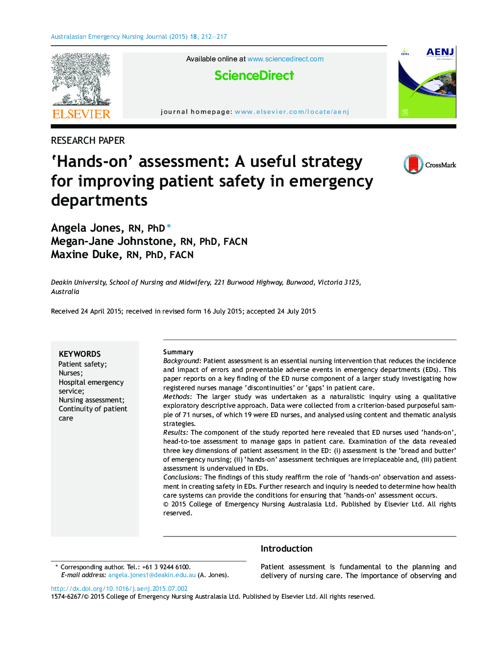 ‘Hands-on’ assessment: A useful strategy for improving patient safety in emergency departments