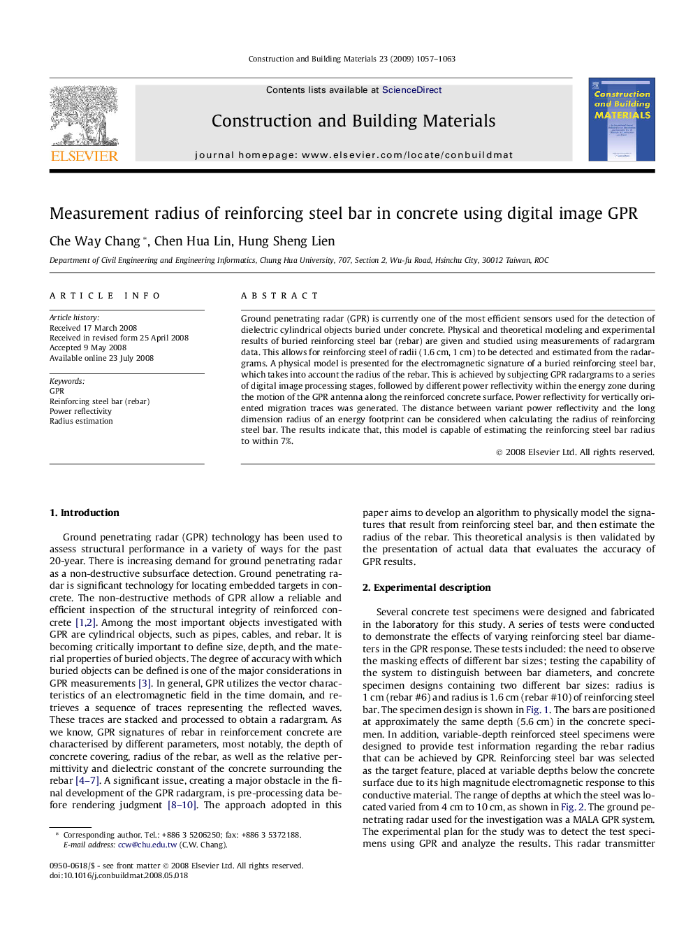 Measurement radius of reinforcing steel bar in concrete using digital image GPR