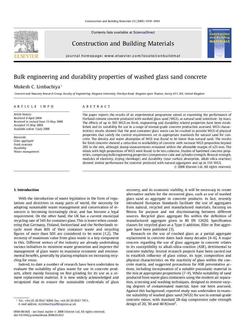 Bulk engineering and durability properties of washed glass sand concrete