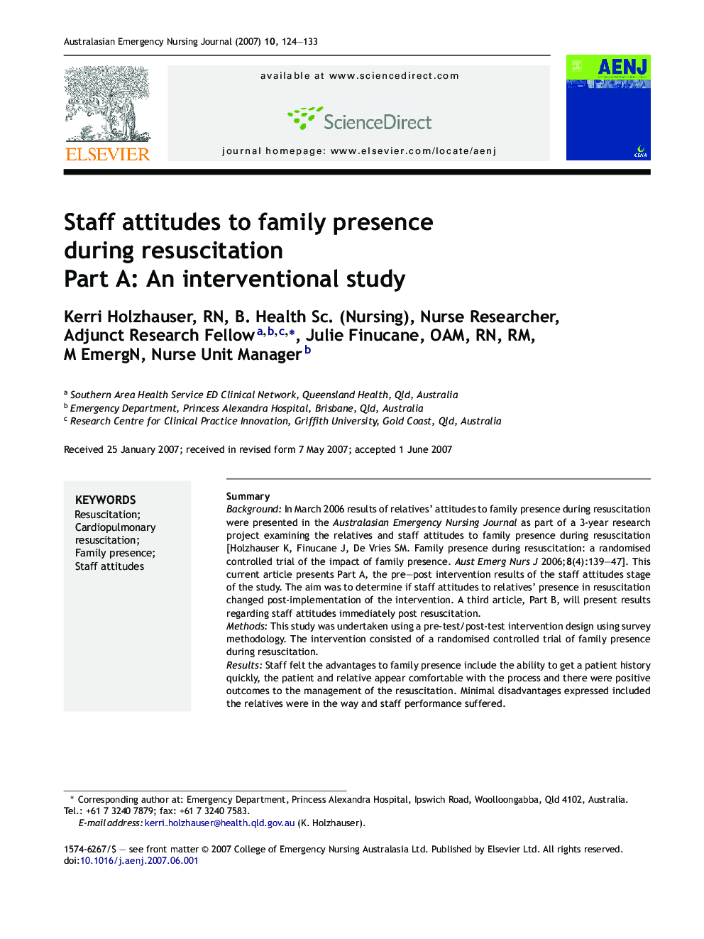 Staff attitudes to family presence during resuscitation: Part A: An interventional study