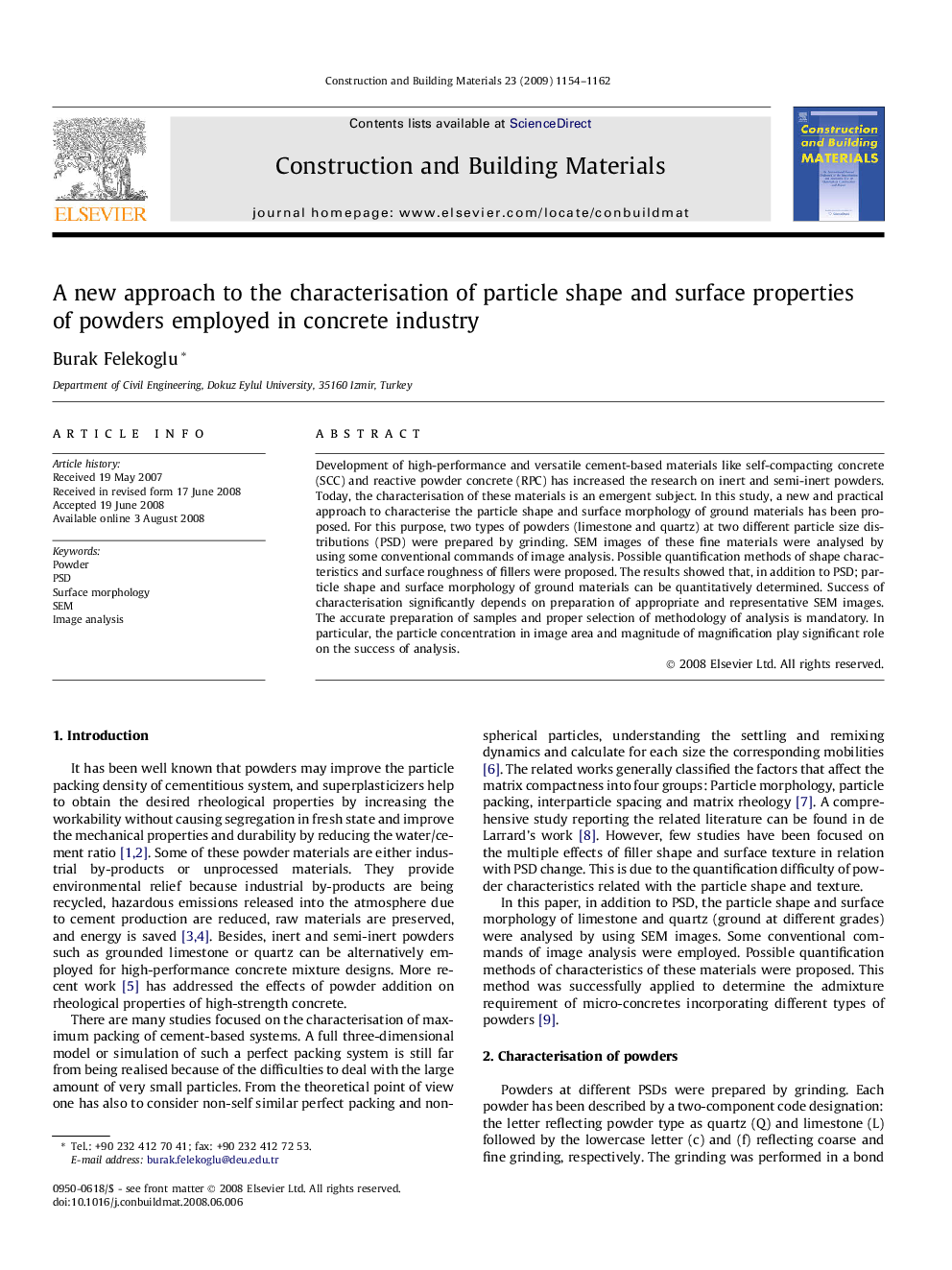 A new approach to the characterisation of particle shape and surface properties of powders employed in concrete industry