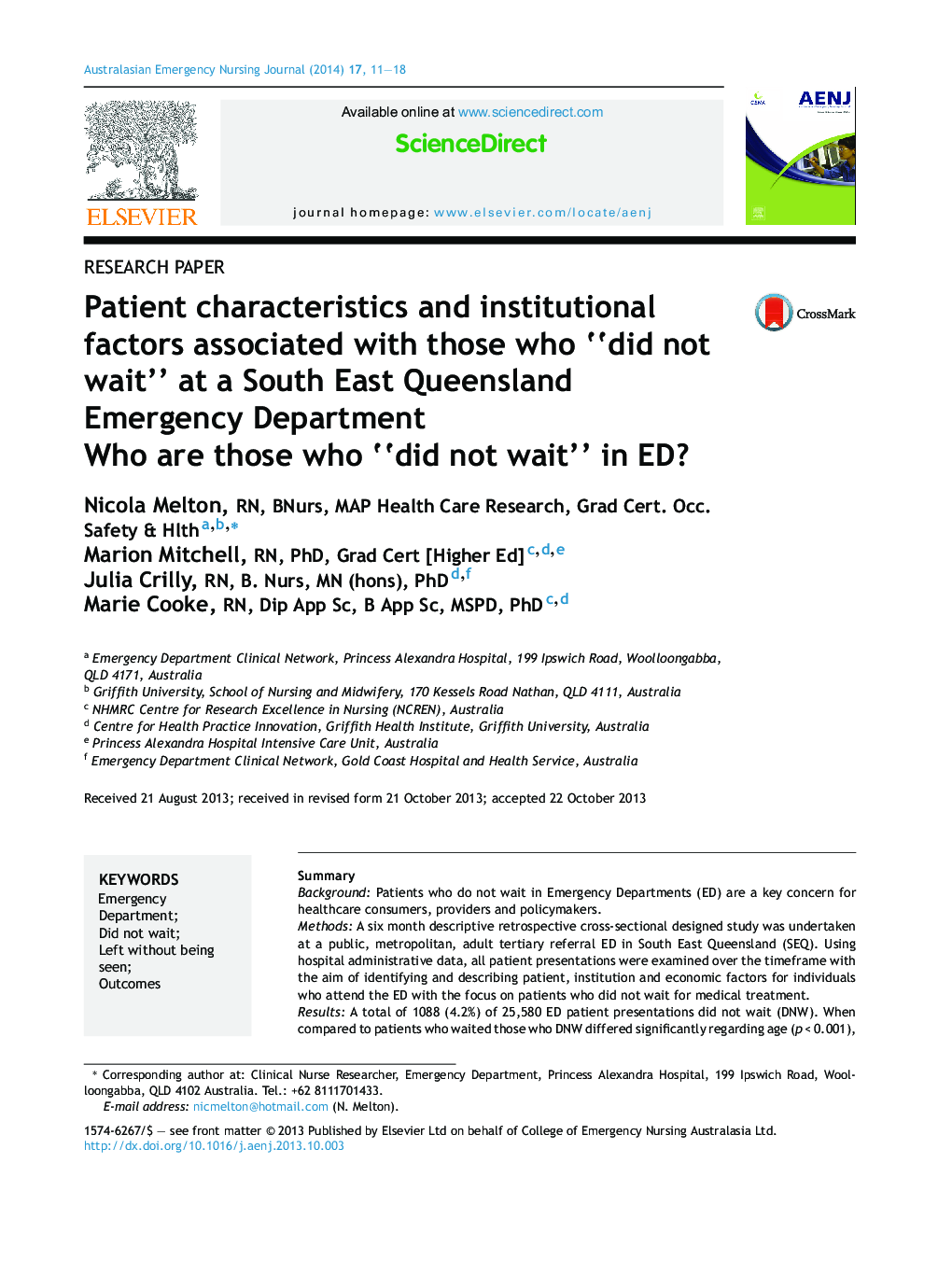 Patient characteristics and institutional factors associated with those who “did not wait” at a South East Queensland Emergency Department: Who are those who “did not wait” in ED?