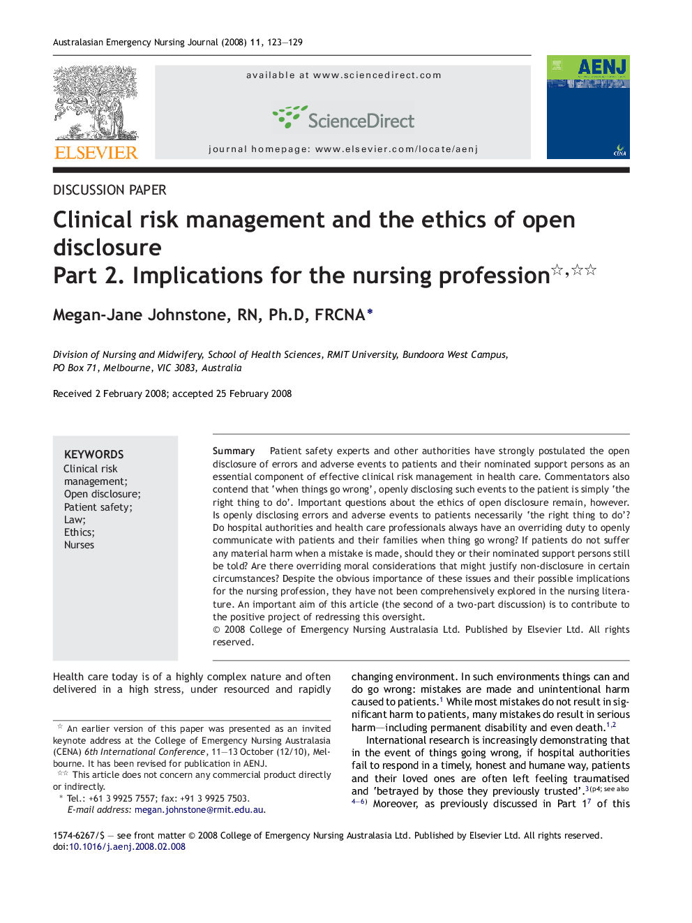 Clinical risk management and the ethics of open disclosure : Part 2. Implications for the nursing profession