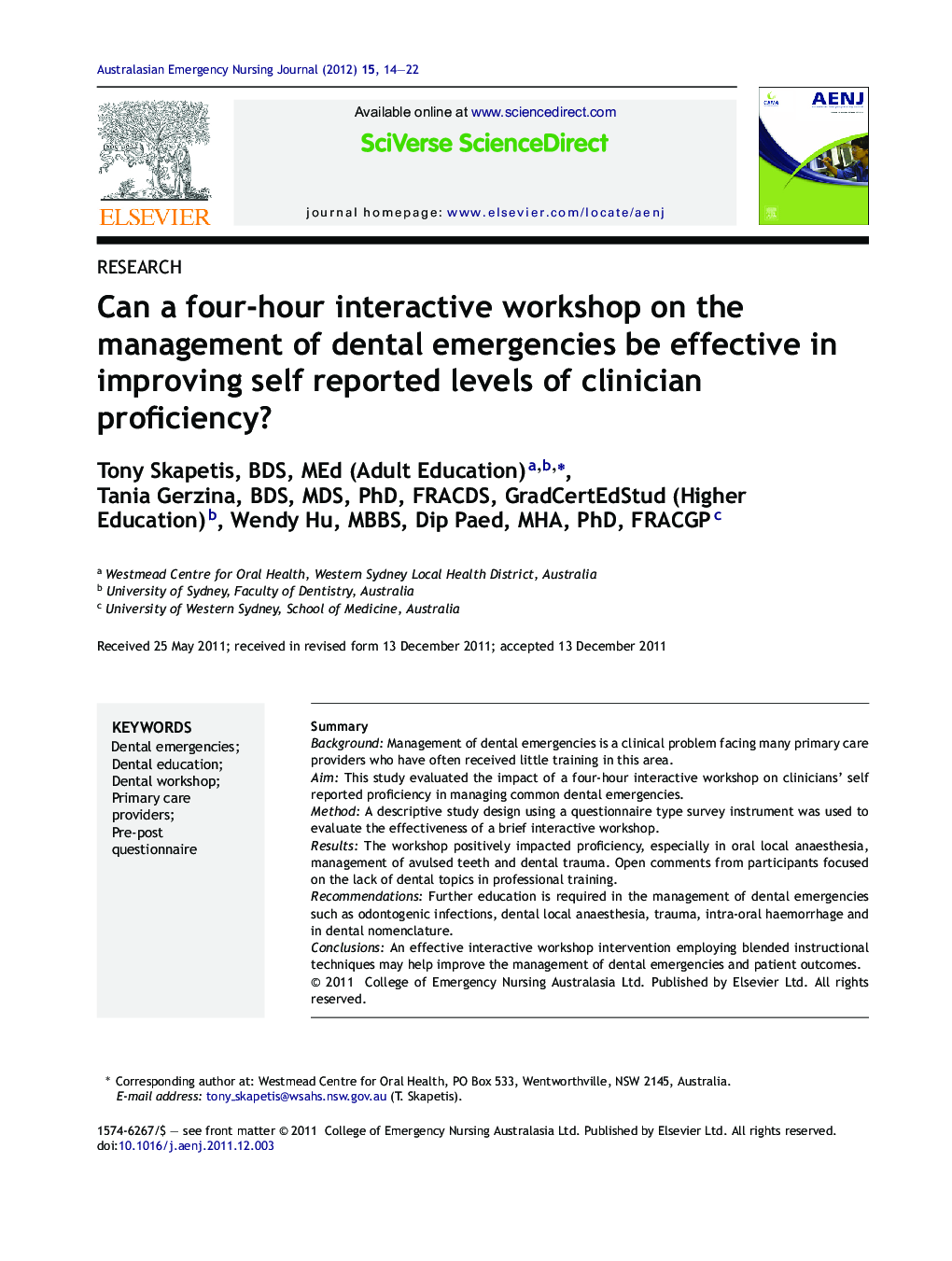 Can a four-hour interactive workshop on the management of dental emergencies be effective in improving self reported levels of clinician proficiency?