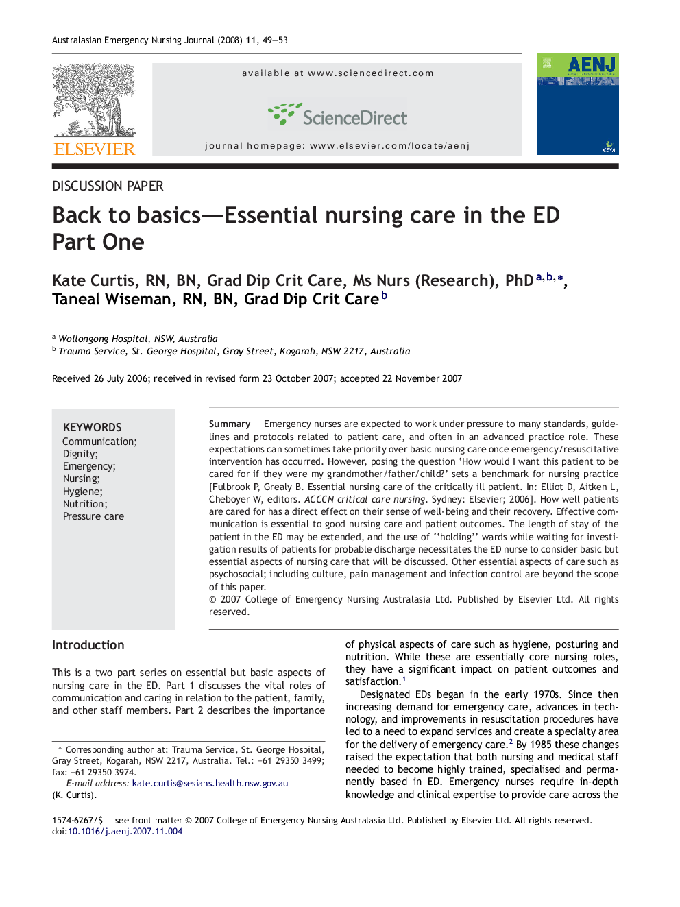 Back to basics—Essential nursing care in the ED: Part One