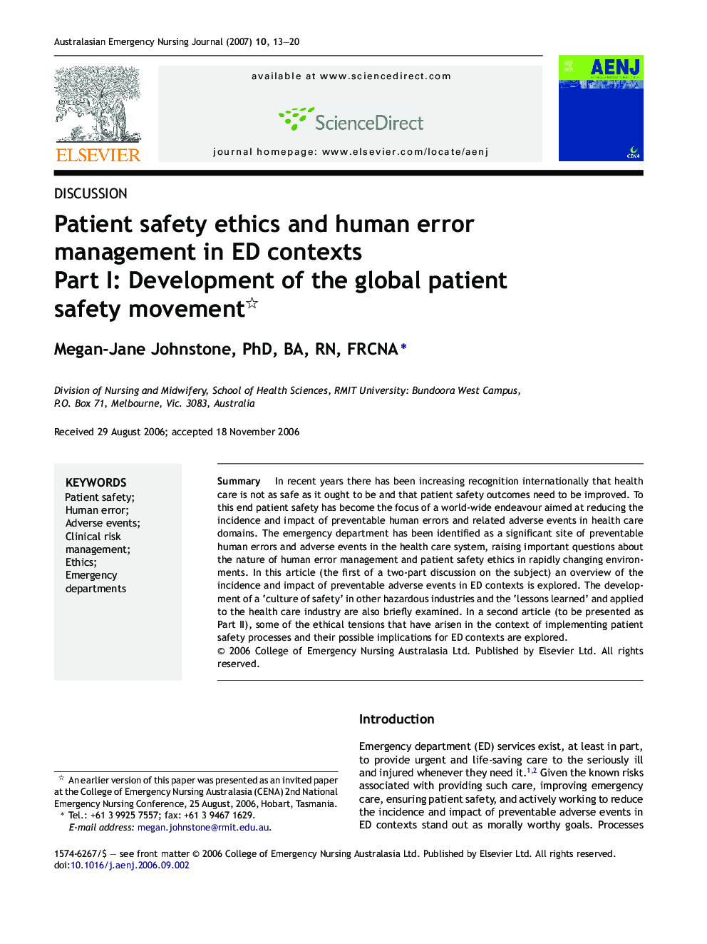 Patient safety ethics and human error management in ED contexts : Part I: Development of the global patient safety movement