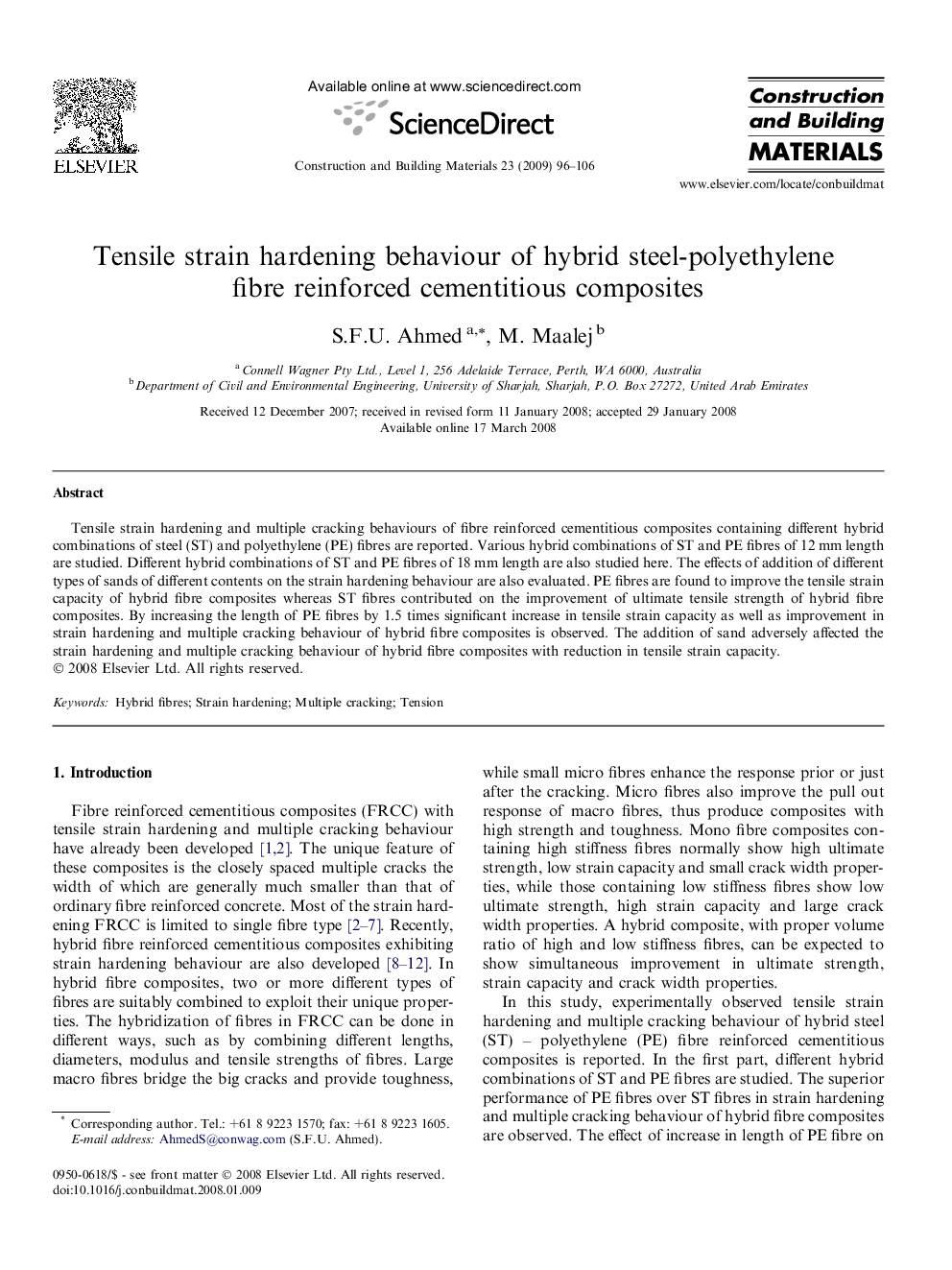 Tensile strain hardening behaviour of hybrid steel-polyethylene fibre reinforced cementitious composites