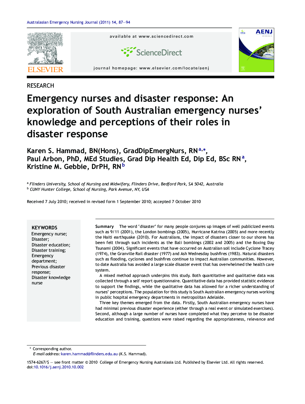 Emergency nurses and disaster response: An exploration of South Australian emergency nurses’ knowledge and perceptions of their roles in disaster response