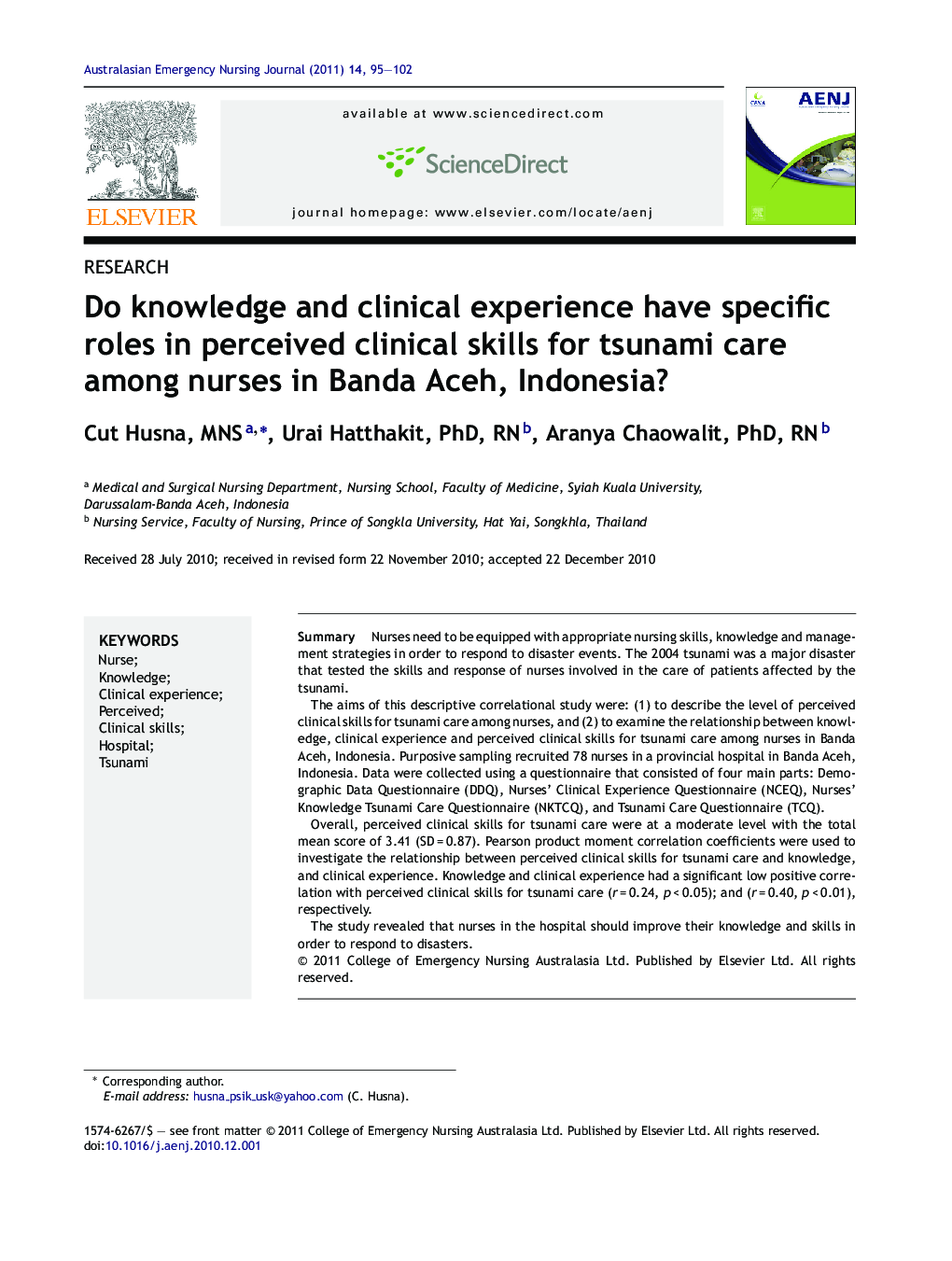 Do knowledge and clinical experience have specific roles in perceived clinical skills for tsunami care among nurses in Banda Aceh, Indonesia?