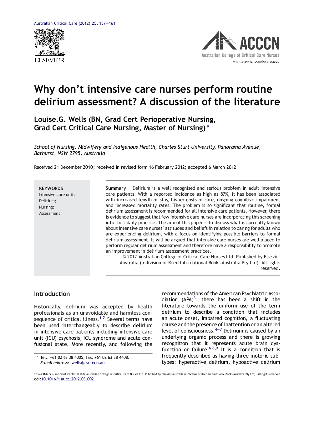 Why don’t intensive care nurses perform routine delirium assessment? A discussion of the literature