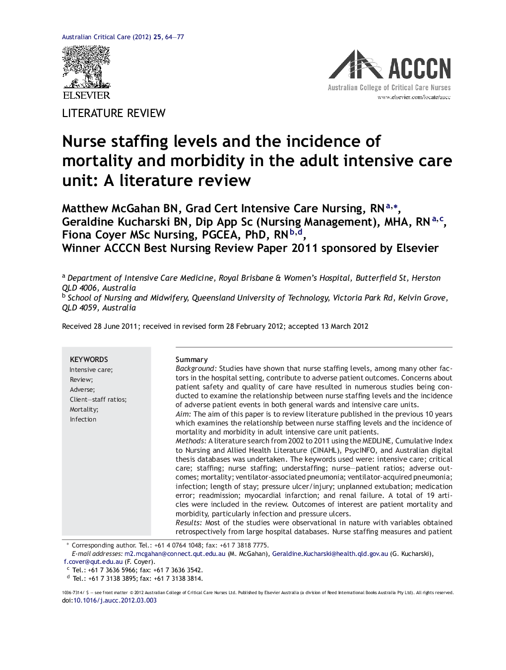 Nurse staffing levels and the incidence of mortality and morbidity in the adult intensive care unit: A literature review