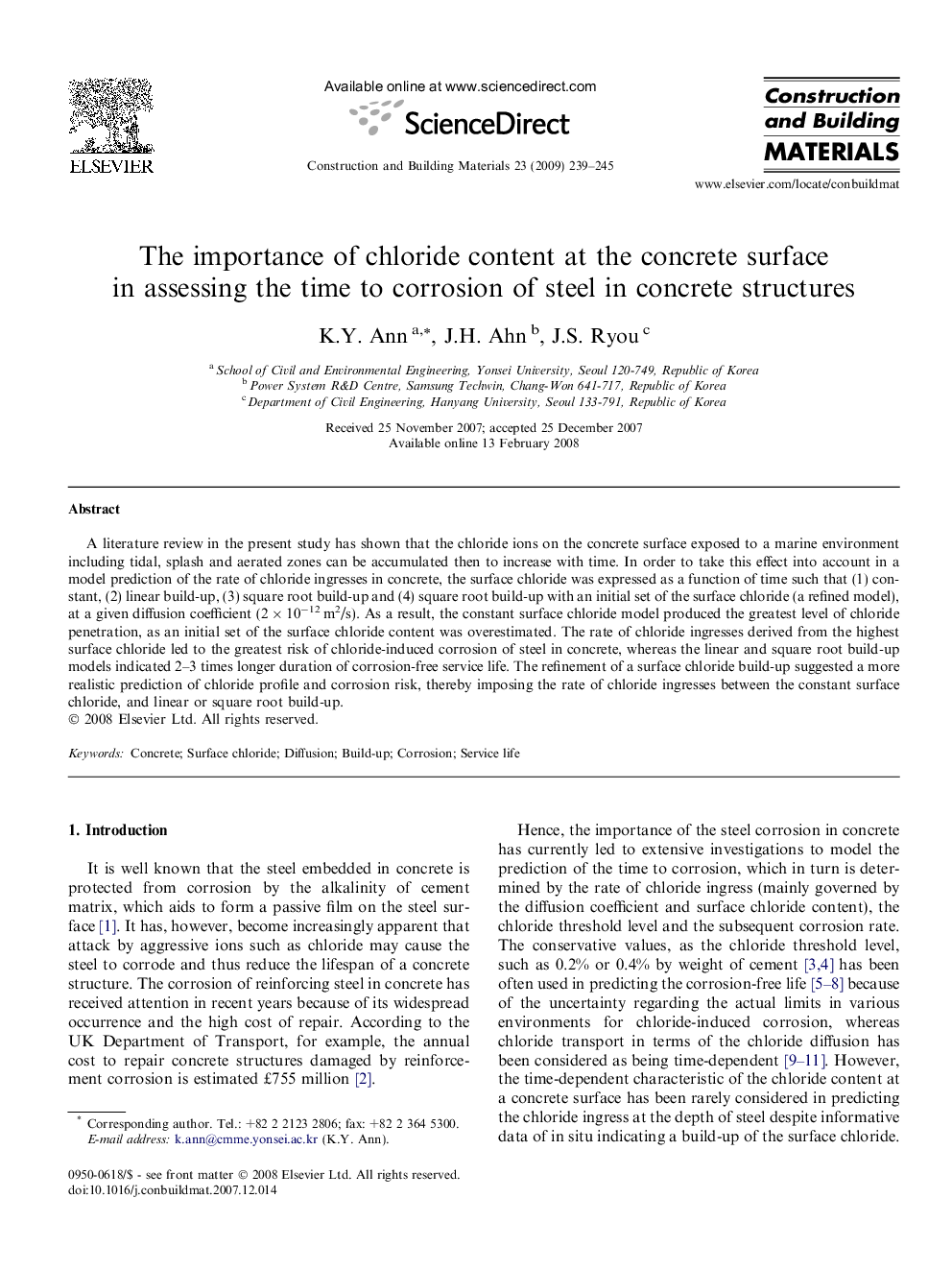 The importance of chloride content at the concrete surface in assessing the time to corrosion of steel in concrete structures