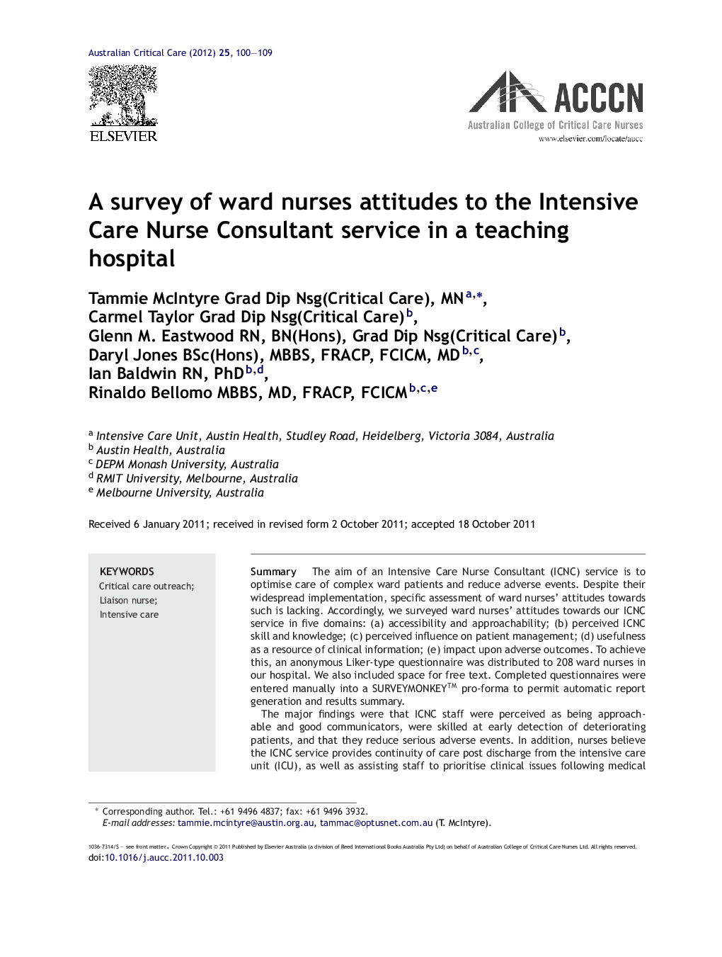 A survey of ward nurses attitudes to the Intensive Care Nurse Consultant service in a teaching hospital