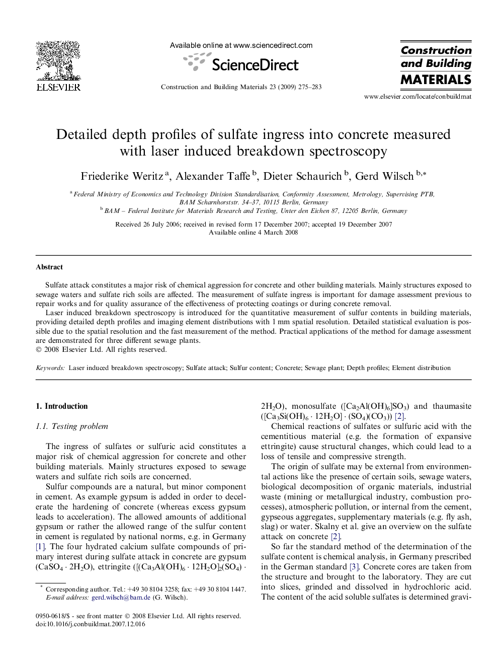 Detailed depth profiles of sulfate ingress into concrete measured with laser induced breakdown spectroscopy