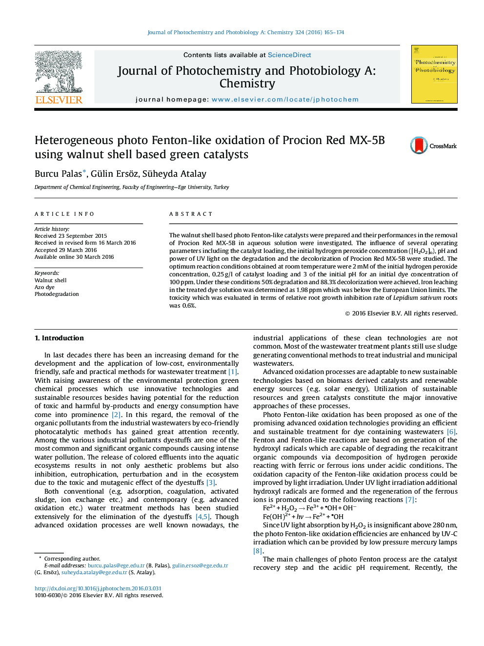 Heterogeneous photo Fenton-like oxidation of Procion Red MX-5B using walnut shell based green catalysts