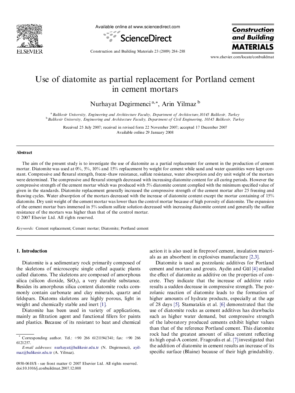 Use of diatomite as partial replacement for Portland cement in cement mortars