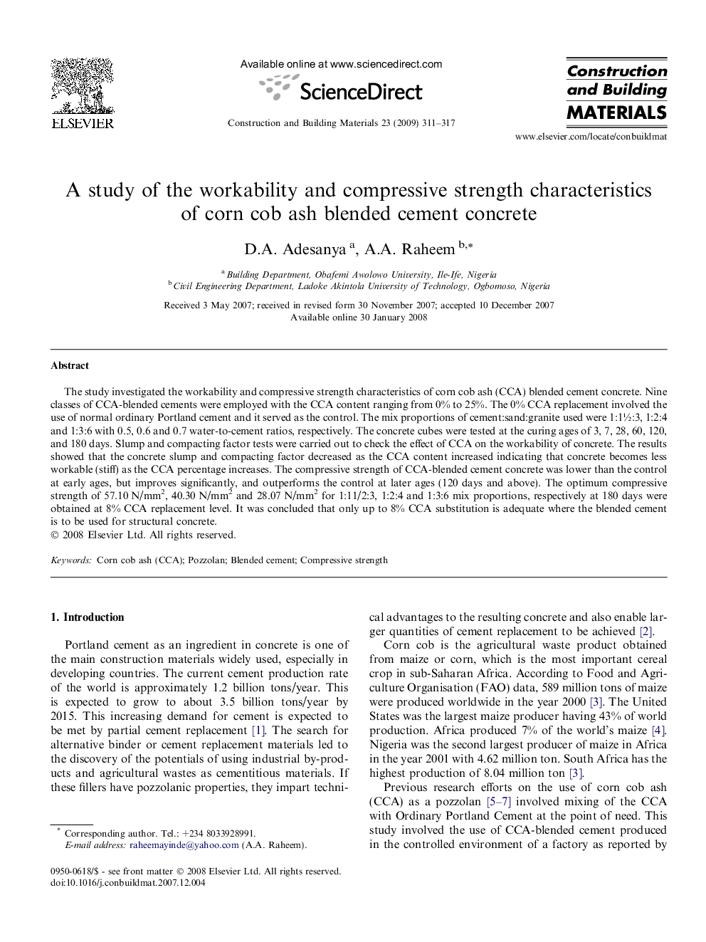 A study of the workability and compressive strength characteristics of corn cob ash blended cement concrete