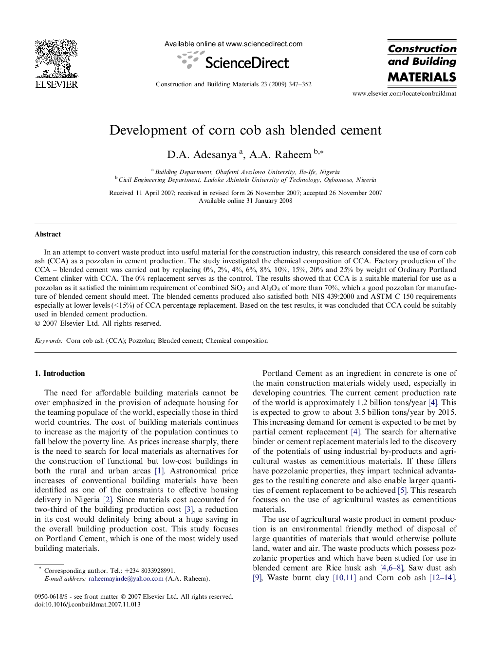 Development of corn cob ash blended cement