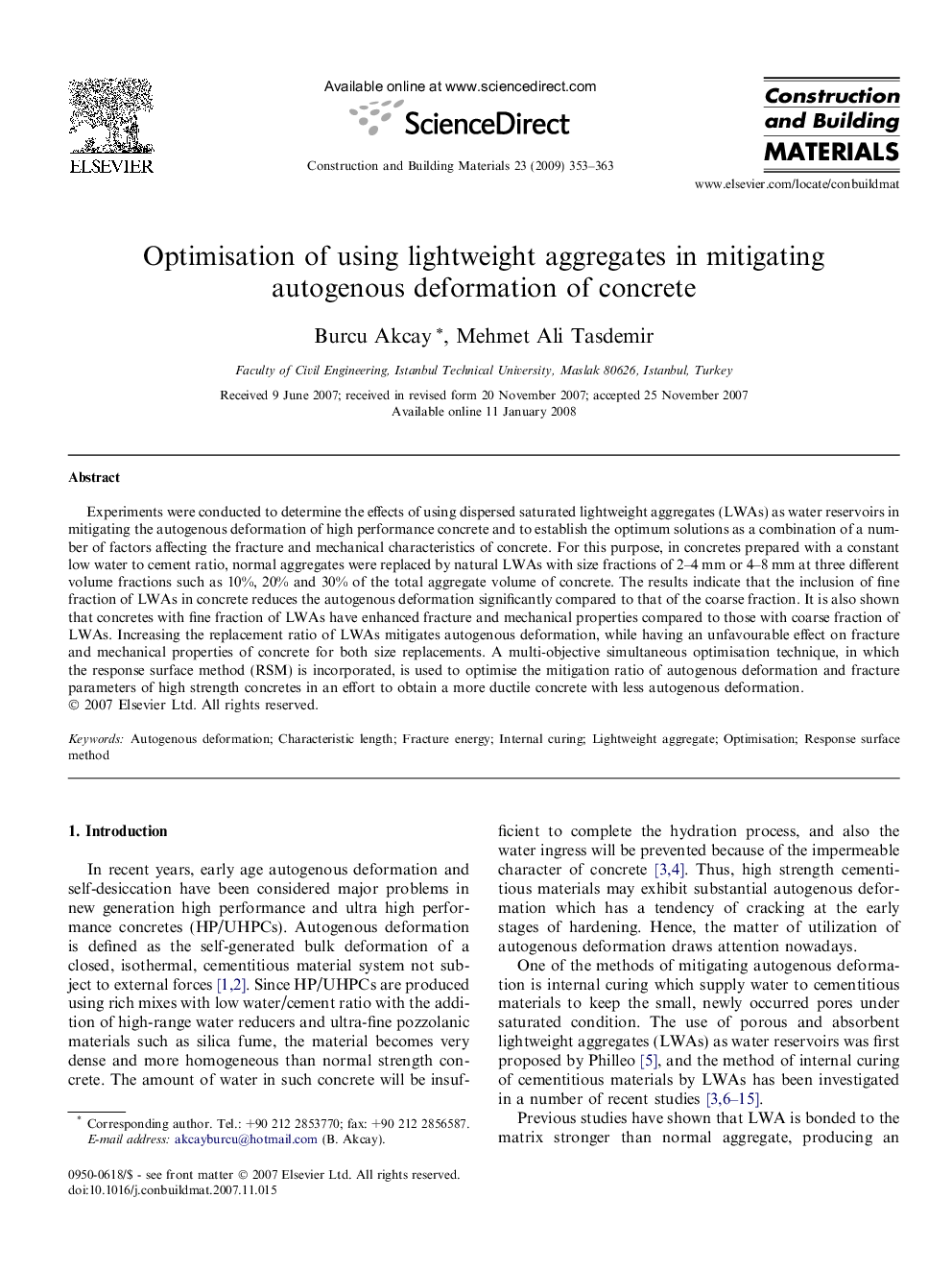 Optimisation of using lightweight aggregates in mitigating autogenous deformation of concrete