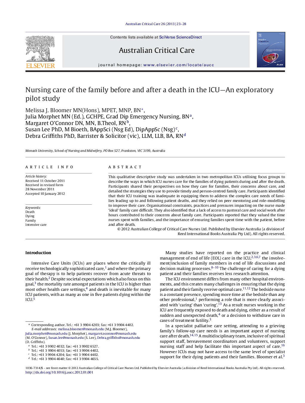 Nursing care of the family before and after a death in the ICU—An exploratory pilot study