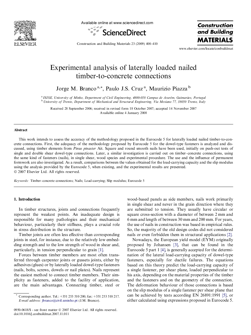 Experimental analysis of laterally loaded nailed timber-to-concrete connections