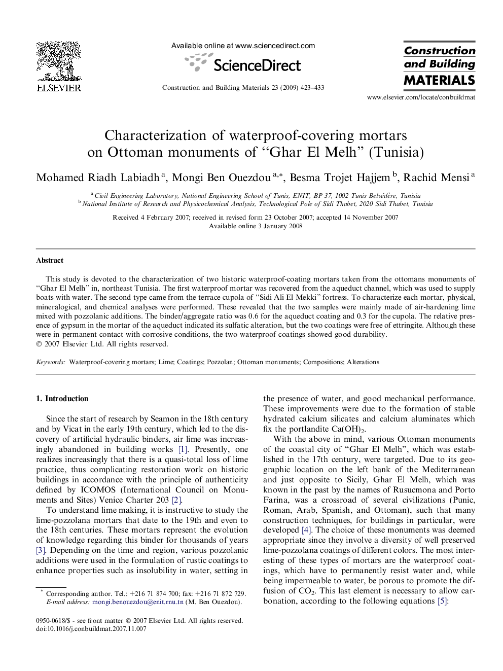 Characterization of waterproof-covering mortars on Ottoman monuments of “Ghar El Melh” (Tunisia)