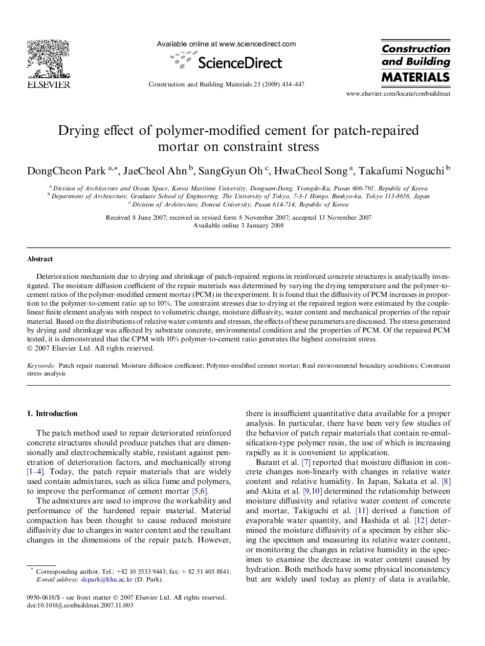 Drying effect of polymer-modified cement for patch-repaired mortar on constraint stress