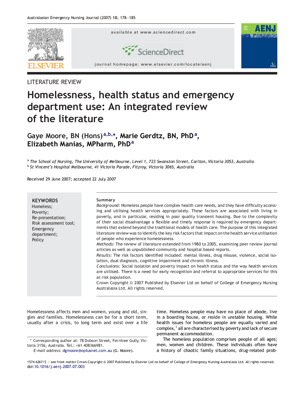 Homelessness, health status and emergency department use: An integrated review of the literature