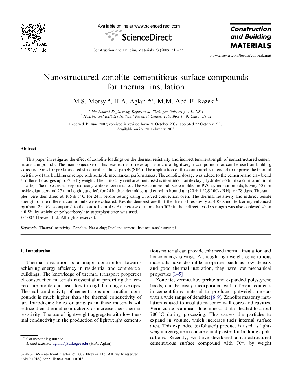 Nanostructured zonolite–cementitious surface compounds for thermal insulation