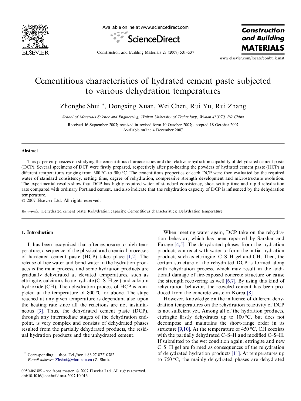 Cementitious characteristics of hydrated cement paste subjected to various dehydration temperatures