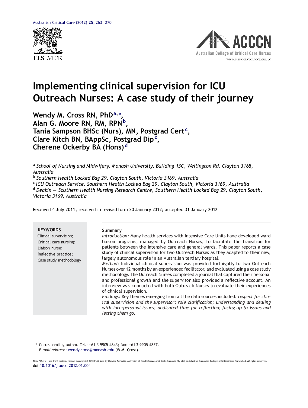 Implementing clinical supervision for ICU Outreach Nurses: A case study of their journey