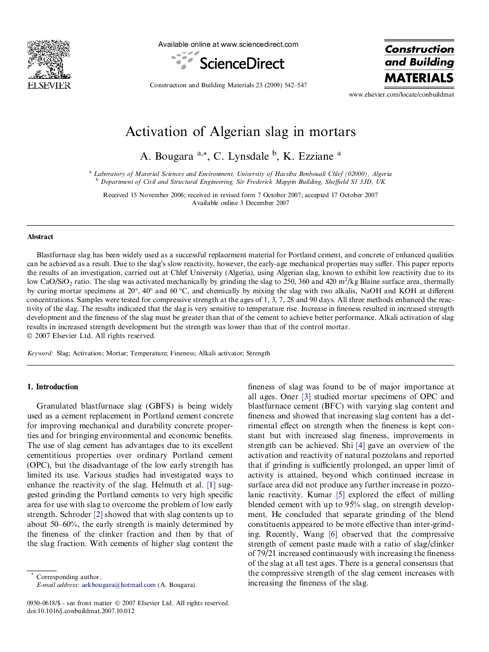 Activation of Algerian slag in mortars